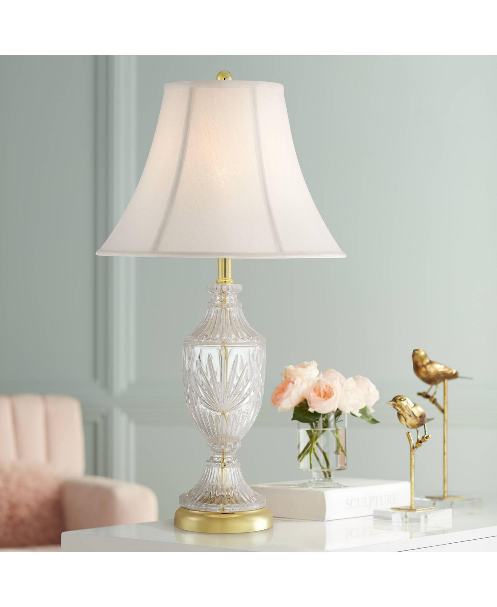 Regency Hill Traditional Table Lamp 26.5" High Cut Glass Urn Brass White Cream Bell Shade for Living Room Family Bedroom Bedside Nightstand