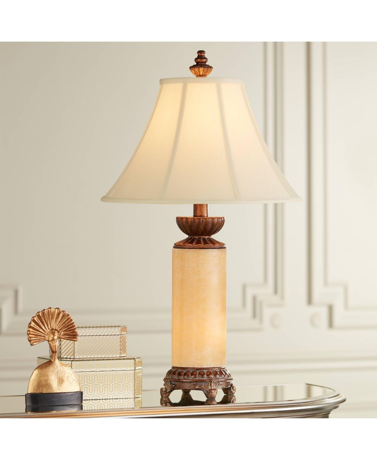 Barnes and Ivy Traditional Table Lamp with Nightlight 28.5" Tall Bronze Onyx Column Off White Bell Shade for Living Room Family Bedroom