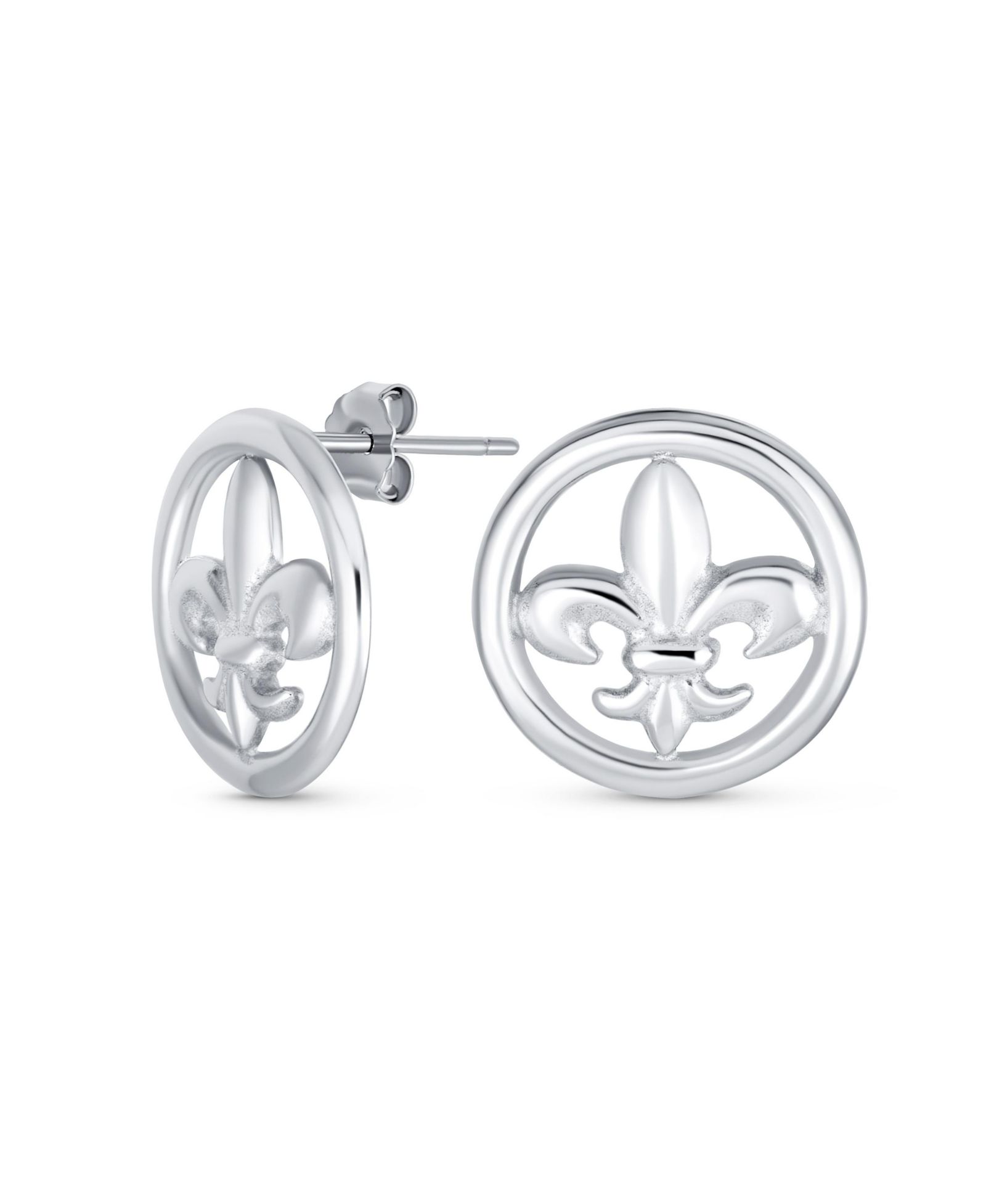 Bling Jewelry Symbolic Lily Flower Round Fleur De Lis Stud Earrings .925 Sterling Silver
