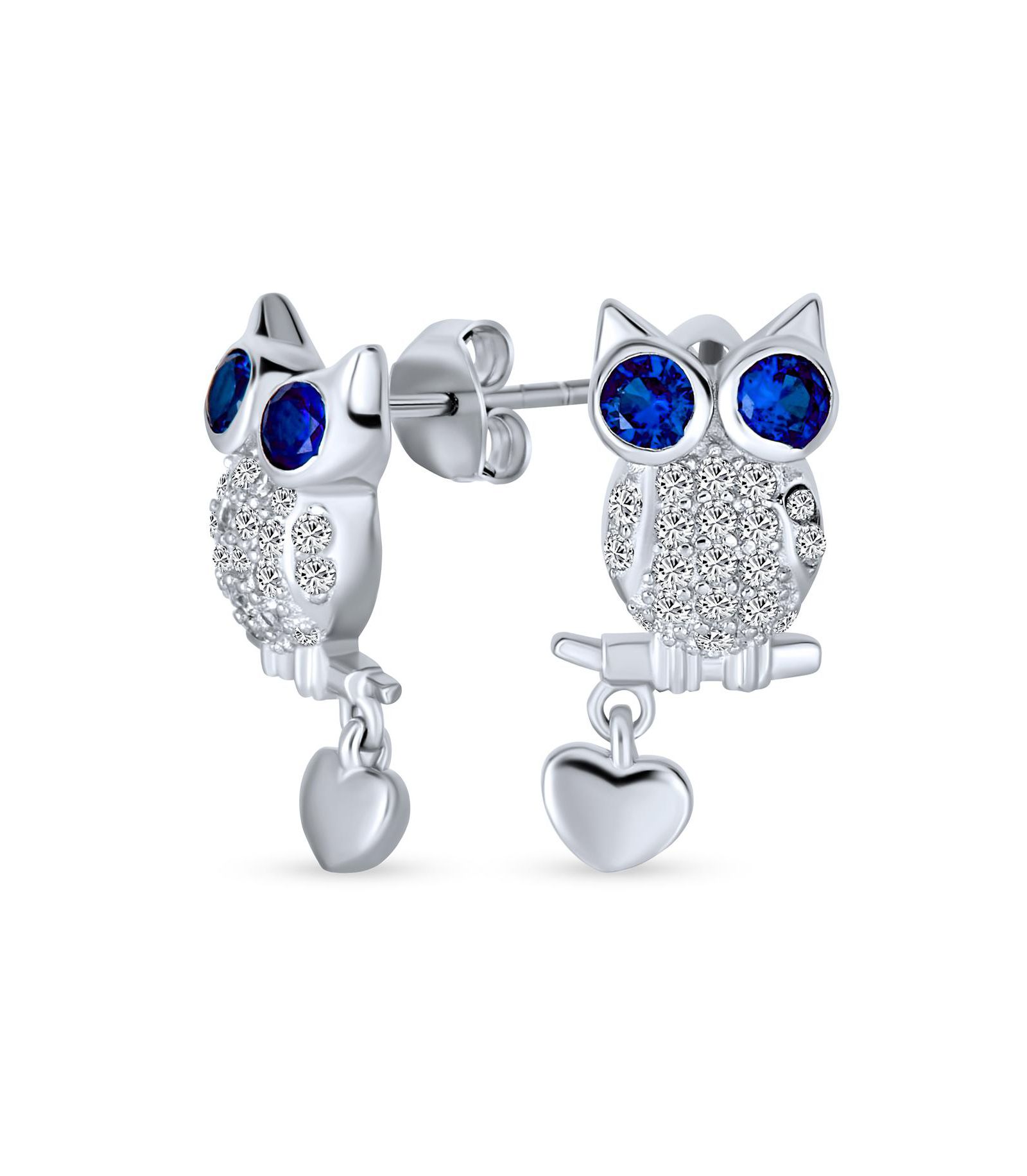 Серьги-гвоздики Bling Jewelry Wise Graduate Owl Stud Blue Eye Cubic Zirconia CZ with Heart Charm Sterling Silver