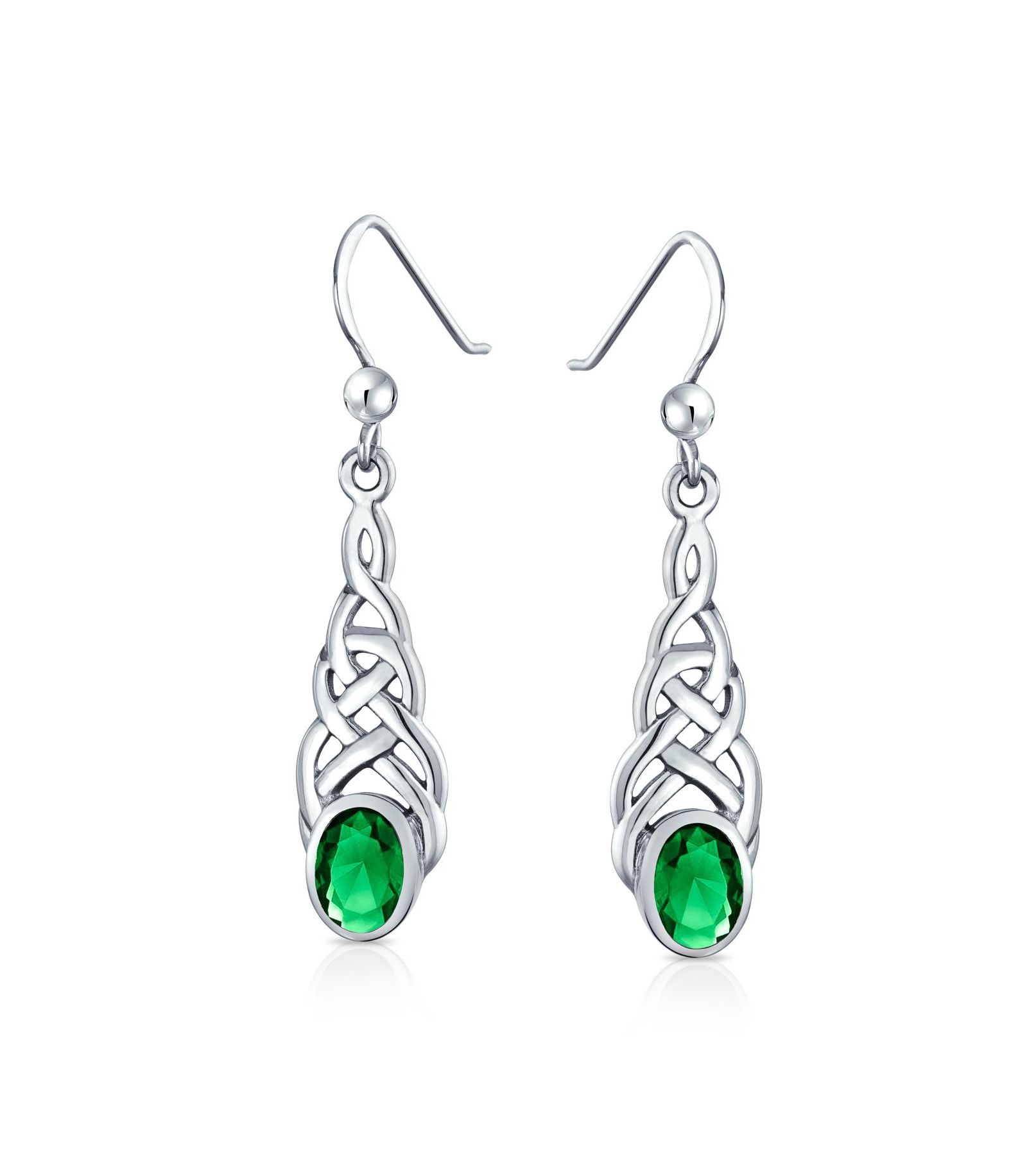 Bling Jewelry Серьги-подвески с кельтским узлом любви, изумрудно-зелёное стекло, серебро 925 пробы