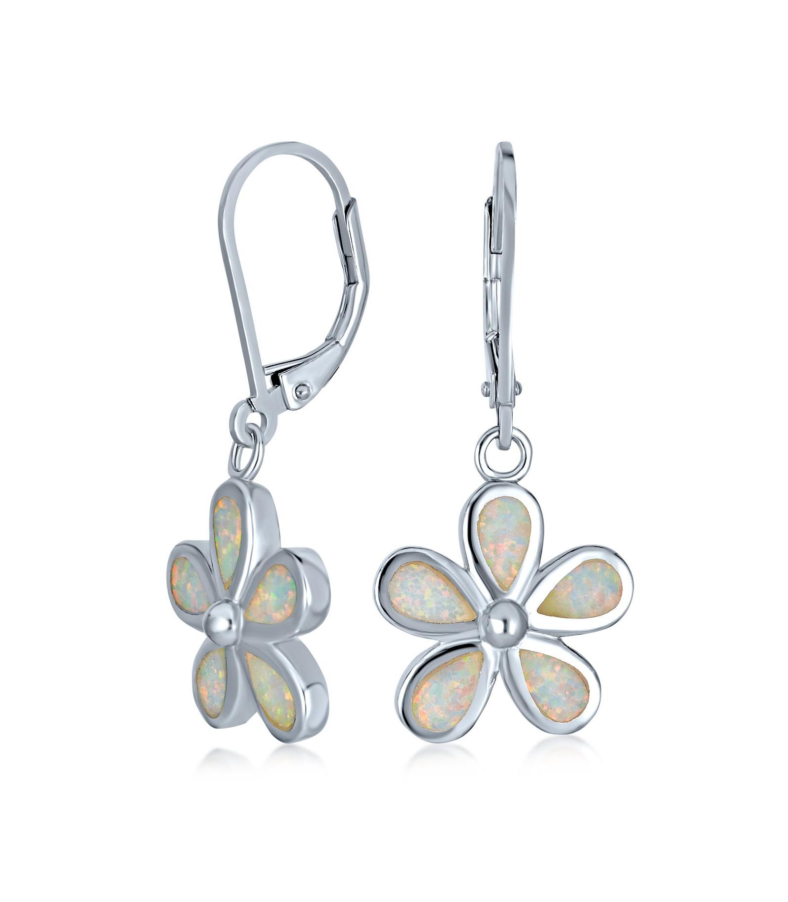Bling Jewelry White Created Opal Dangling Hawaii Plumeria Flower Earrings Sterling Silver
