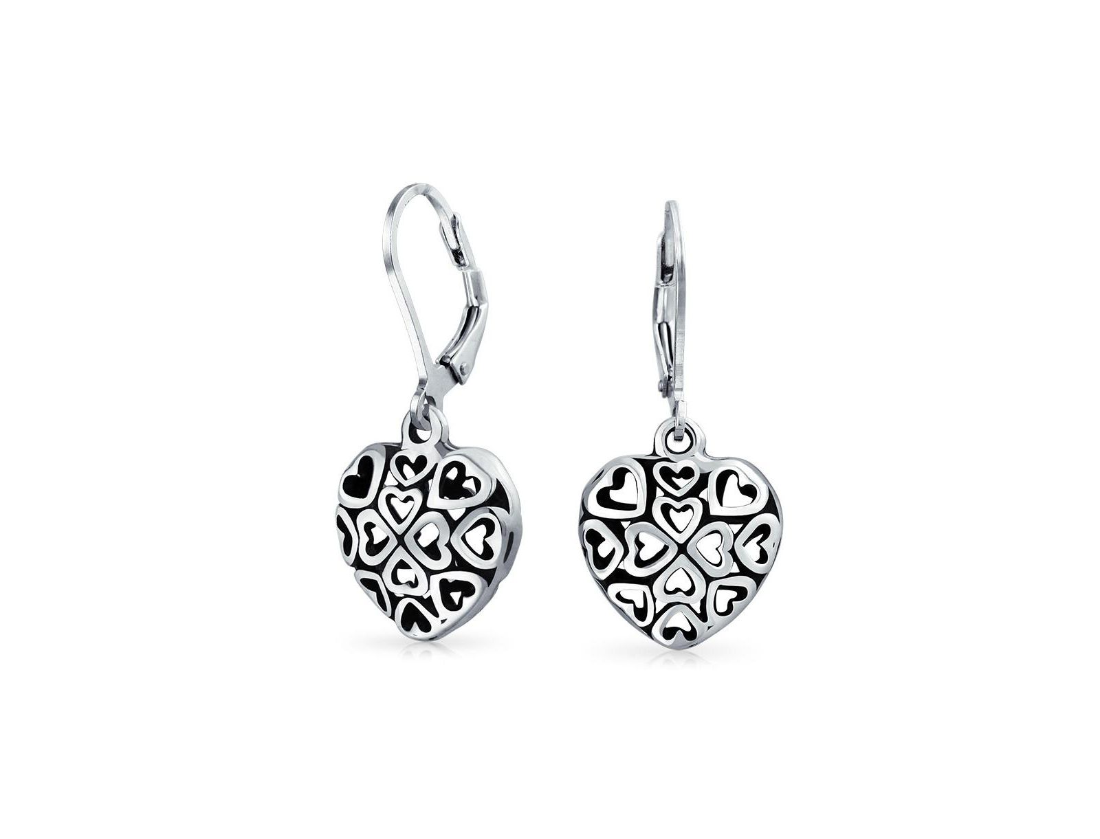 Серьги Bling Jewelry Open Clover Flower Filigree Puff Heart Dangle Oxidized Sterling Silver