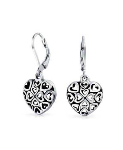 Серьги Bling Jewelry Open Clover Flower Filigree Puff Heart Dangle Oxidized Sterling Silver