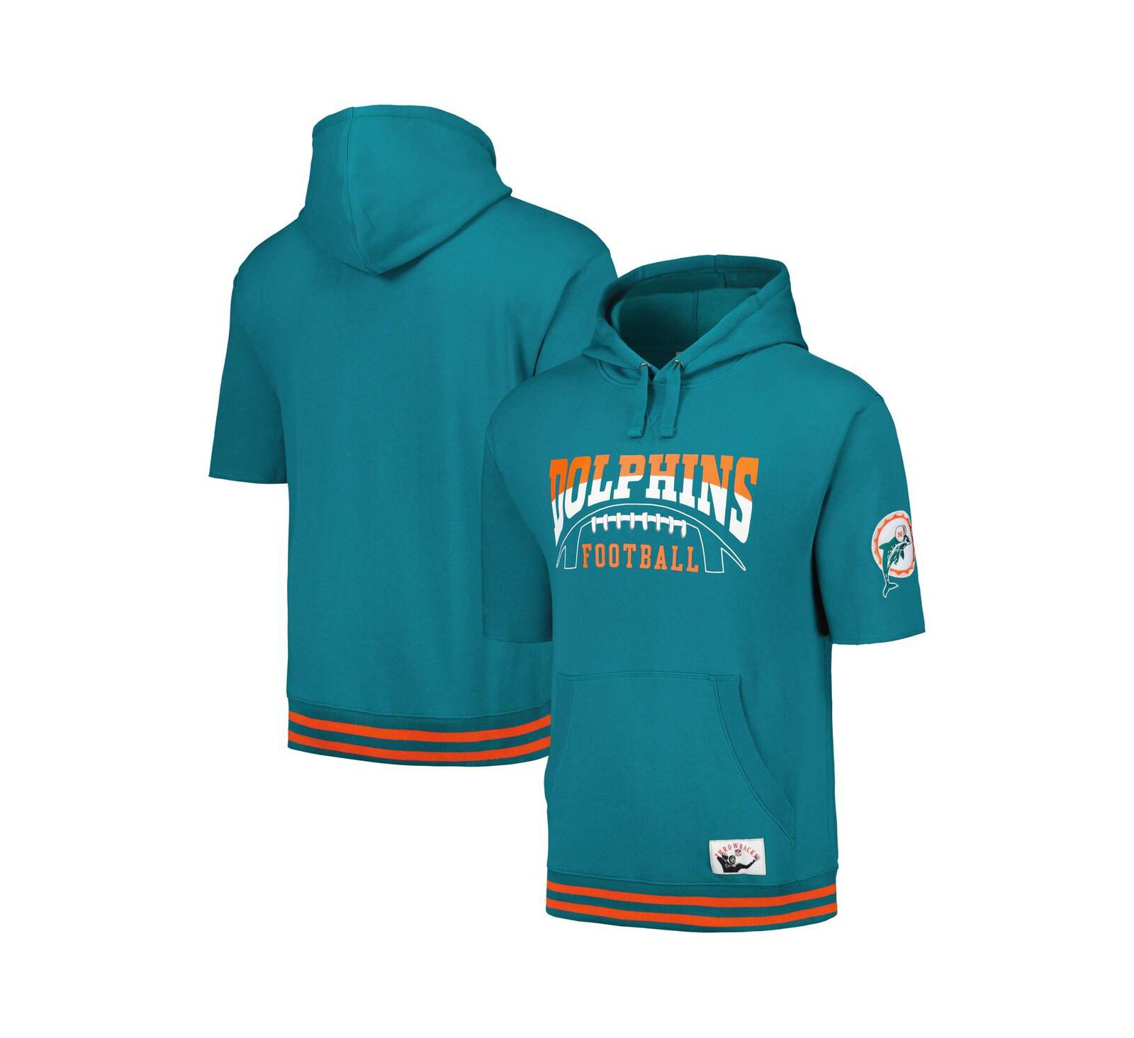Мужское худи Mitchell & Ness Aqua Miami Dolphins Pre-Game Short Sleeve Pullover