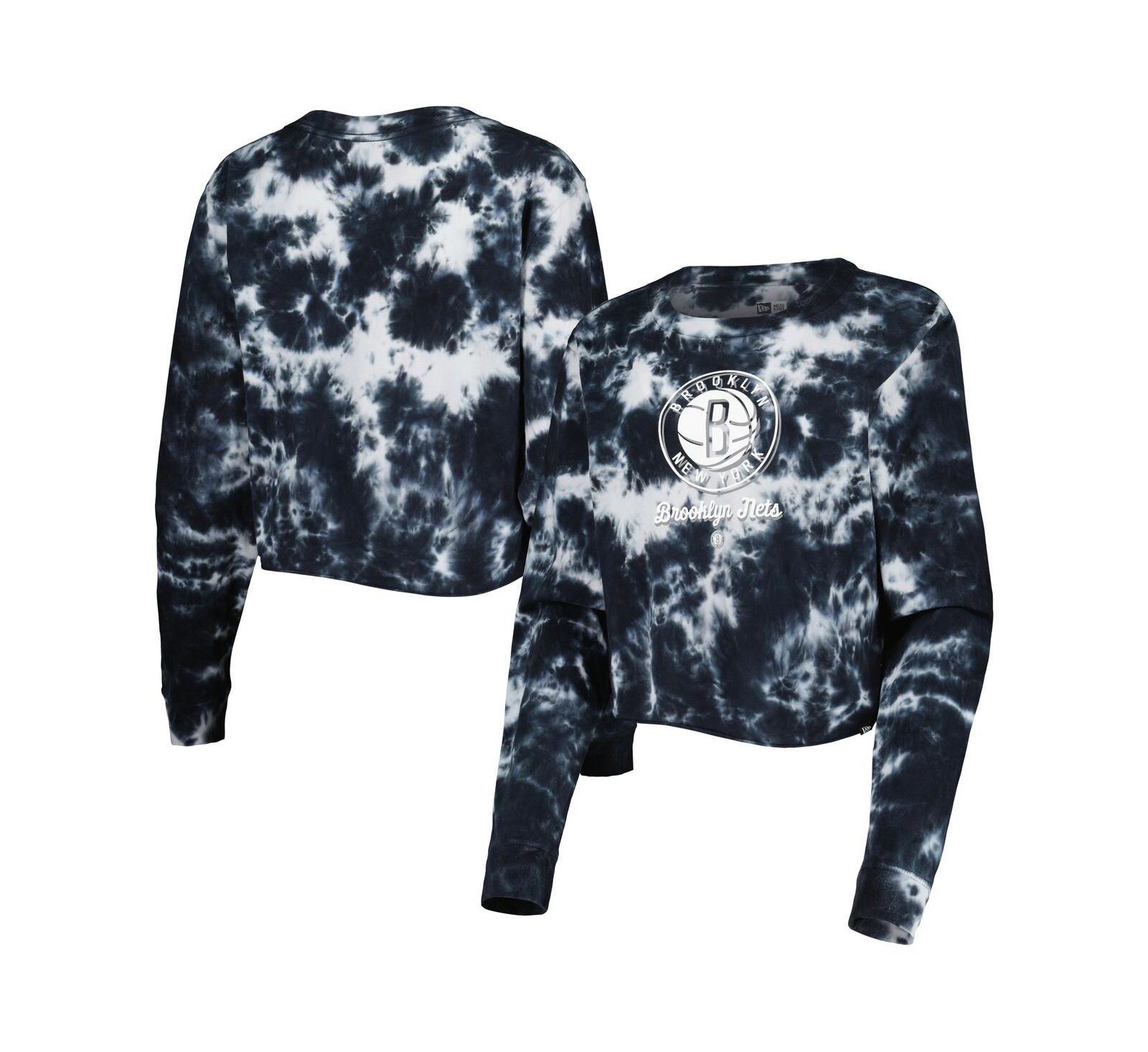 Женская укороченная футболка New Era Black Brooklyn Nets Tie Dye с длинным рукавом