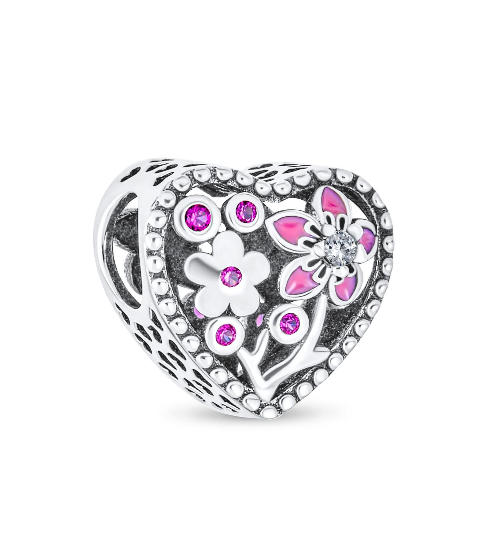 Bling Jewelry Valentine CZ Accent Enamel Flower Heart Charm Bead Fits European Bracelet