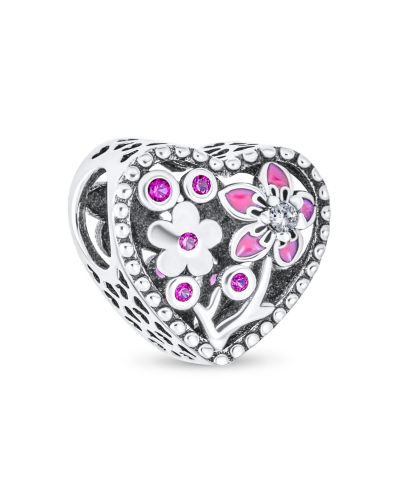 Bling Jewelry Valentine CZ Accent Enamel Flower Heart Charm Bead Fits European Bracelet