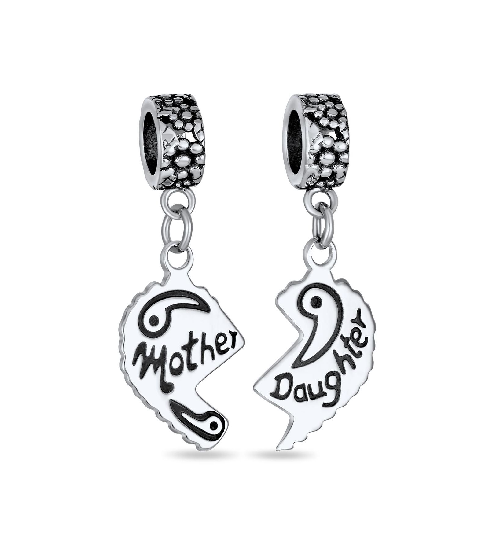 Bling Jewelry Mother Split Heart Dangle Charm Bead for Bracelet .925 Sterling Silver