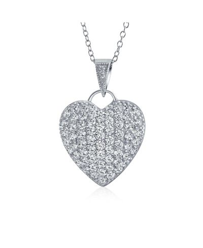 Bling Jewelry Elegant Large Pave Cubic Zirconia CZ Puff Heart Shape Pendant Necklace Sterling Silver Filigree Back