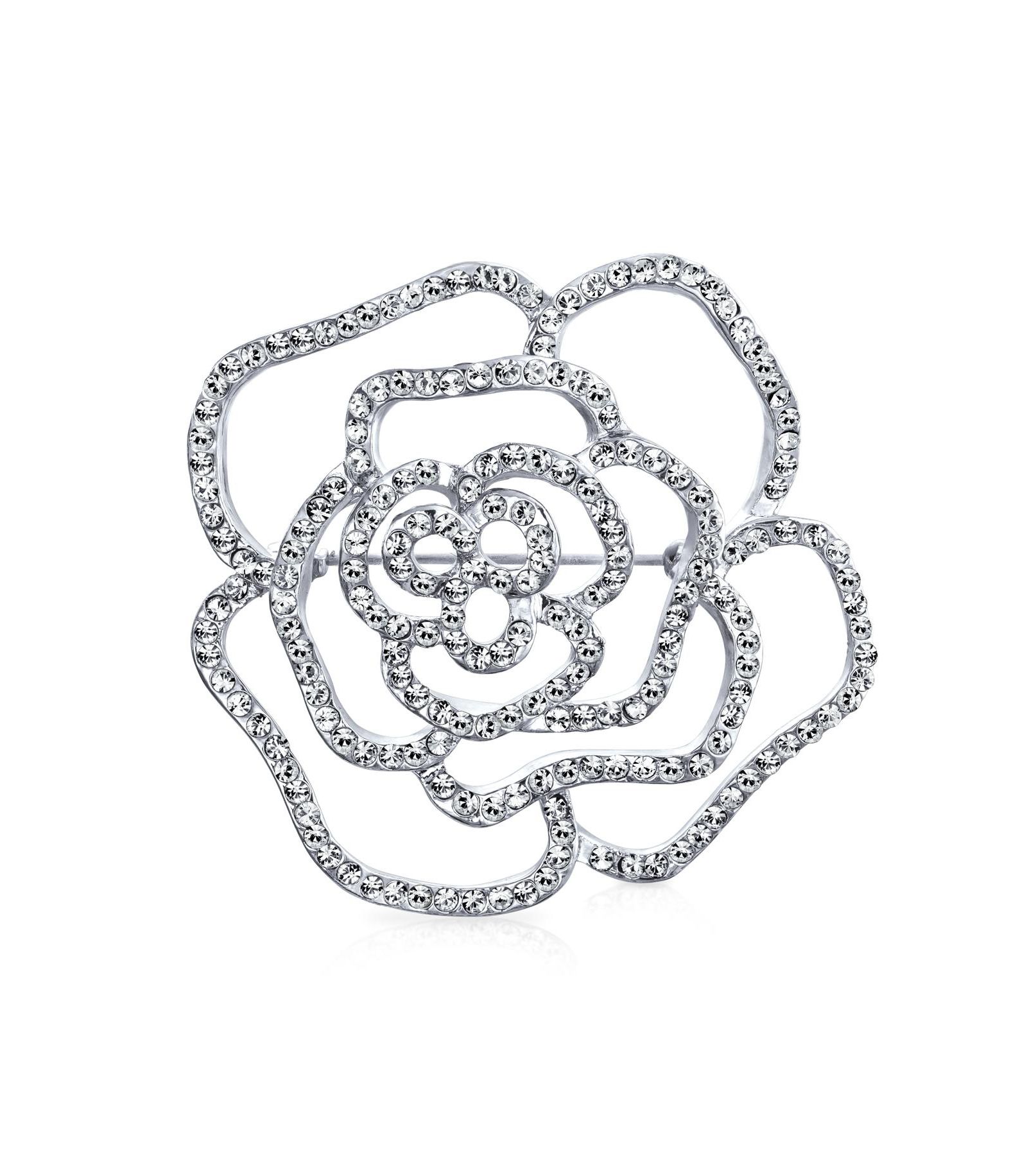 Брошь Bling Jewelry Rose Flower с кристаллами серебристого цвета