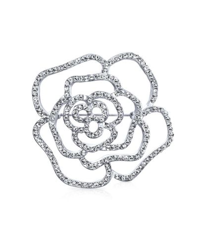 Брошь Bling Jewelry Rose Flower с кристаллами серебристого цвета