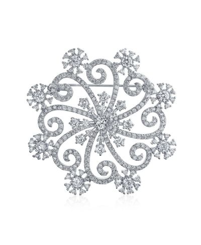 Bling Jewelry Large Winter Swirl CZ Snowflake Holiday Scarf Brooch Pin Silver Plated