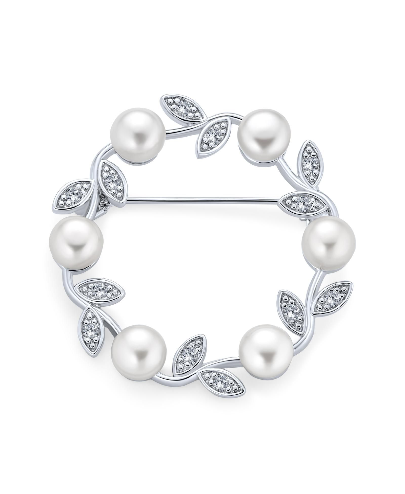 Bling Jewelry Circle Leaf Wreath White Freshwater Pearl Scarf Brooch Pin Sterling Silver