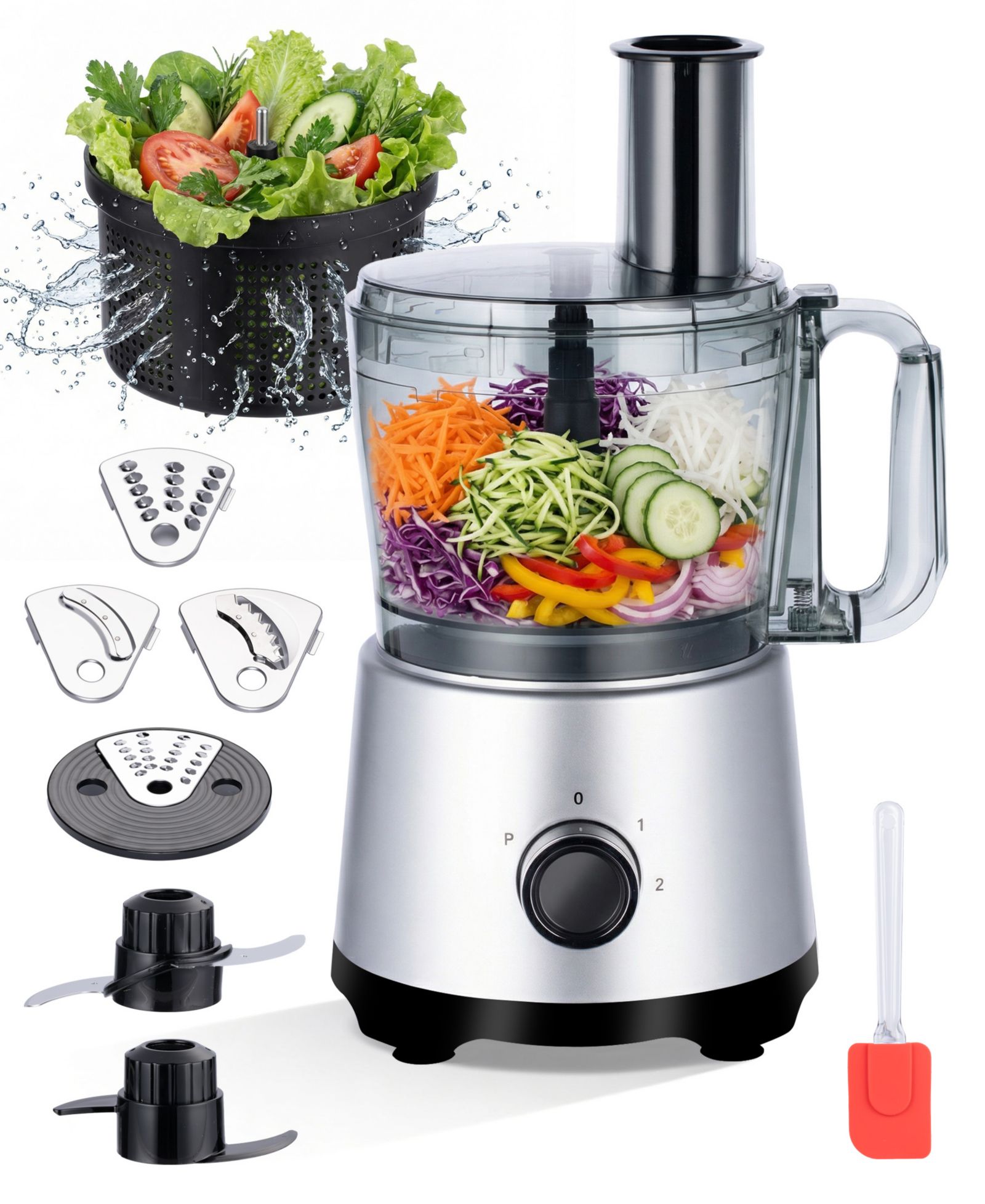 SUGIFT 10 Cup Food Processor with Salad Spinner Basket 2 Speeds Pulse Control and 4 Cutting Discs - Silver