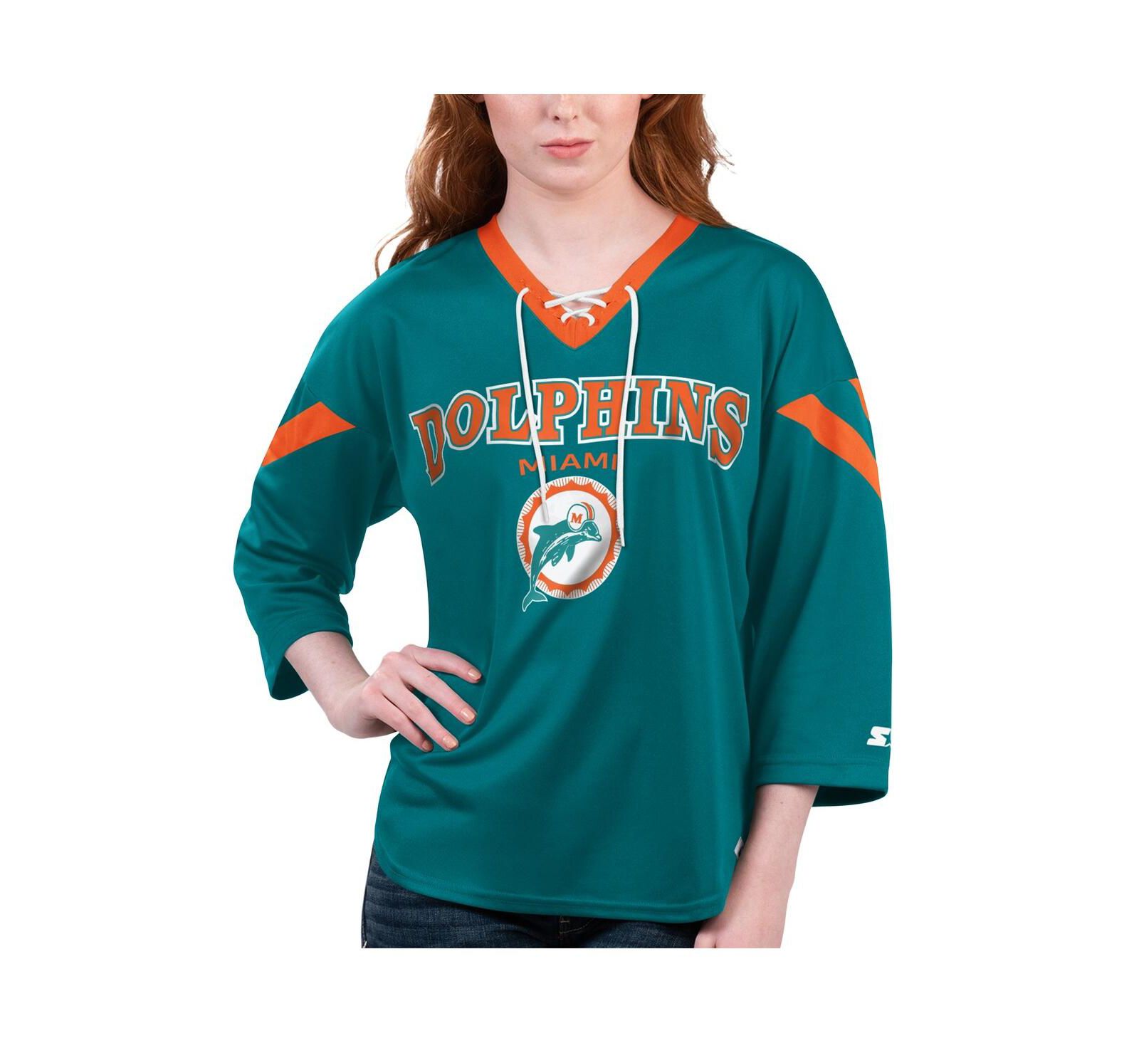 Женская футболка Starter Aqua Miami Dolphins Rally с завязками и рукавом 3/4