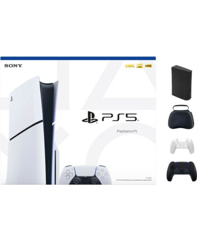 Консоль Sony PlayStation 5 Slim White с аксессуарами и черным контроллером (в комплекте 2 контроллера)