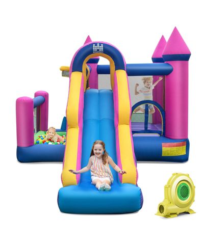 7-in-1 Kids Inflatable Bounce House with Long Slide, Climbing Wall and 735W Blower for Backyard Parties