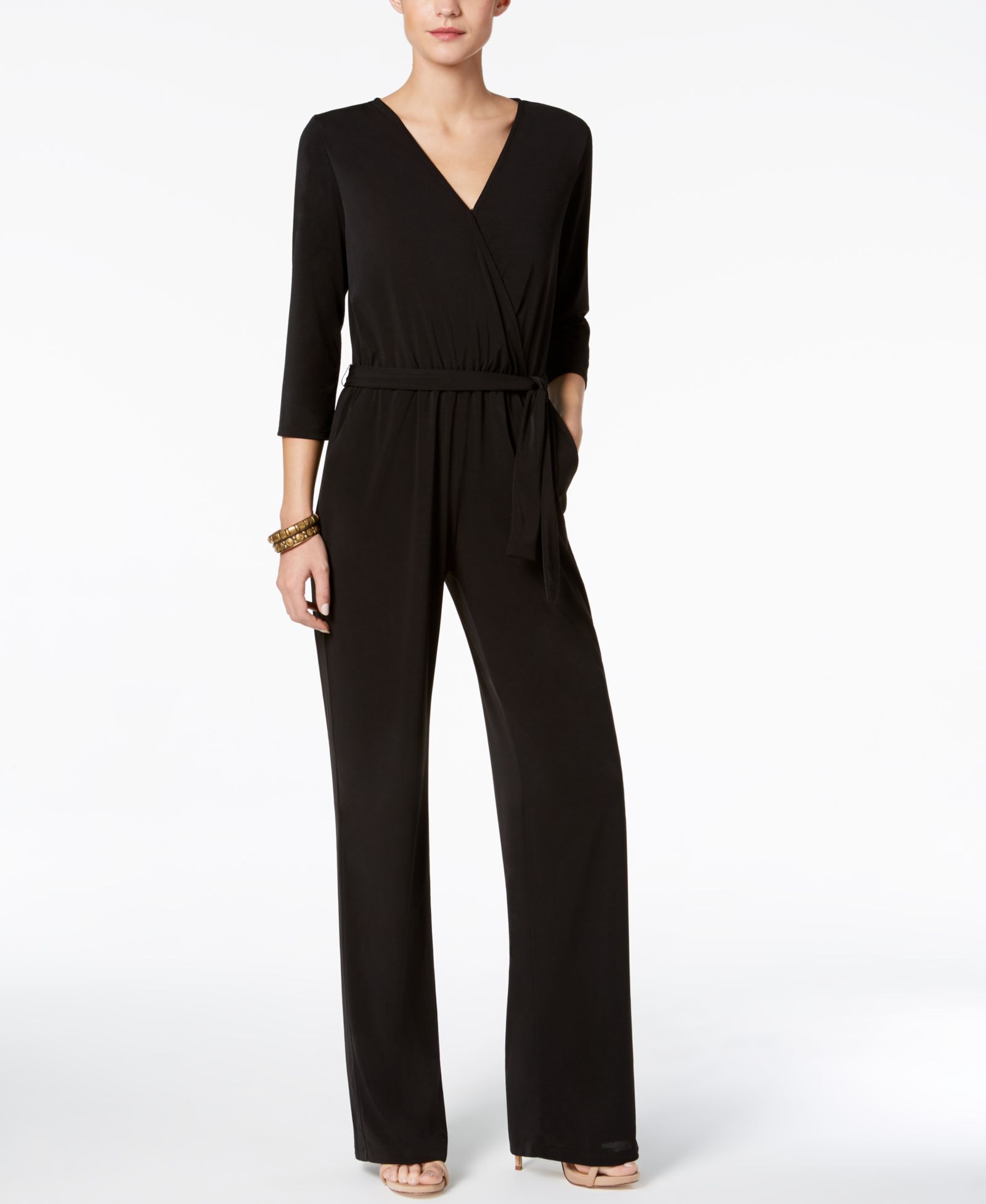 Jumpsuit NY Collection Petite с поясом и широкими брюками, 3/4 рукава