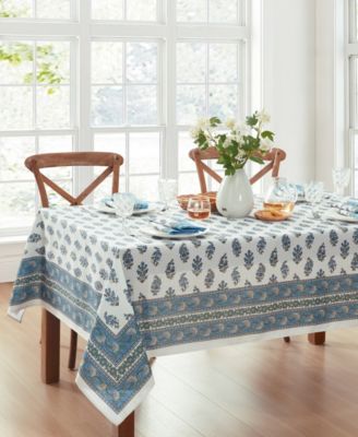 Tropez Block Print Stain Water Resistant Indoor and Outdoor Tablecloth, 60" x 102" Rectangle