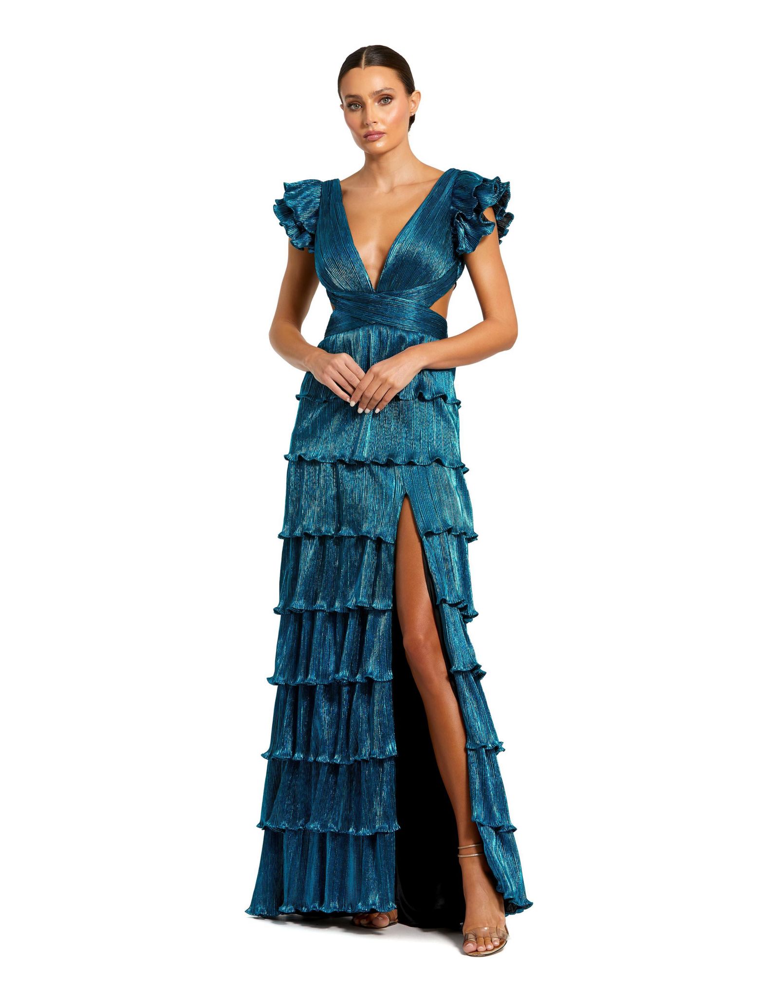 Mac Duggal Women's Ruffle Tiered Criss Cross Lace Up Gown