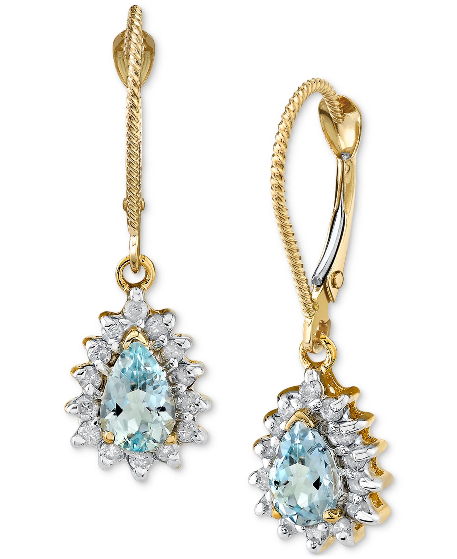 Серьги-подвески Macy's Aquamarine (3/4 ct. t.w.) & Diamond Halo (1/4 ct. t.w.) 14k Gold