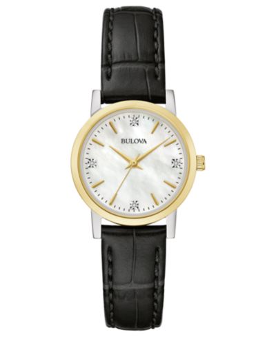 Женские часы Bulova с бриллиантовым акцентом и черным кожаным ремешком 27mm