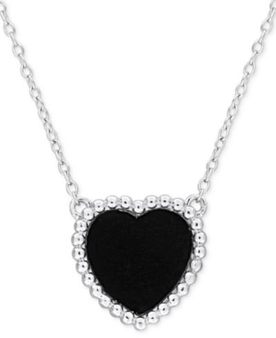 Black Agate (5 ct. t.w.) Heart Bead Frame 17" Pendant Necklace in Sterling Silver