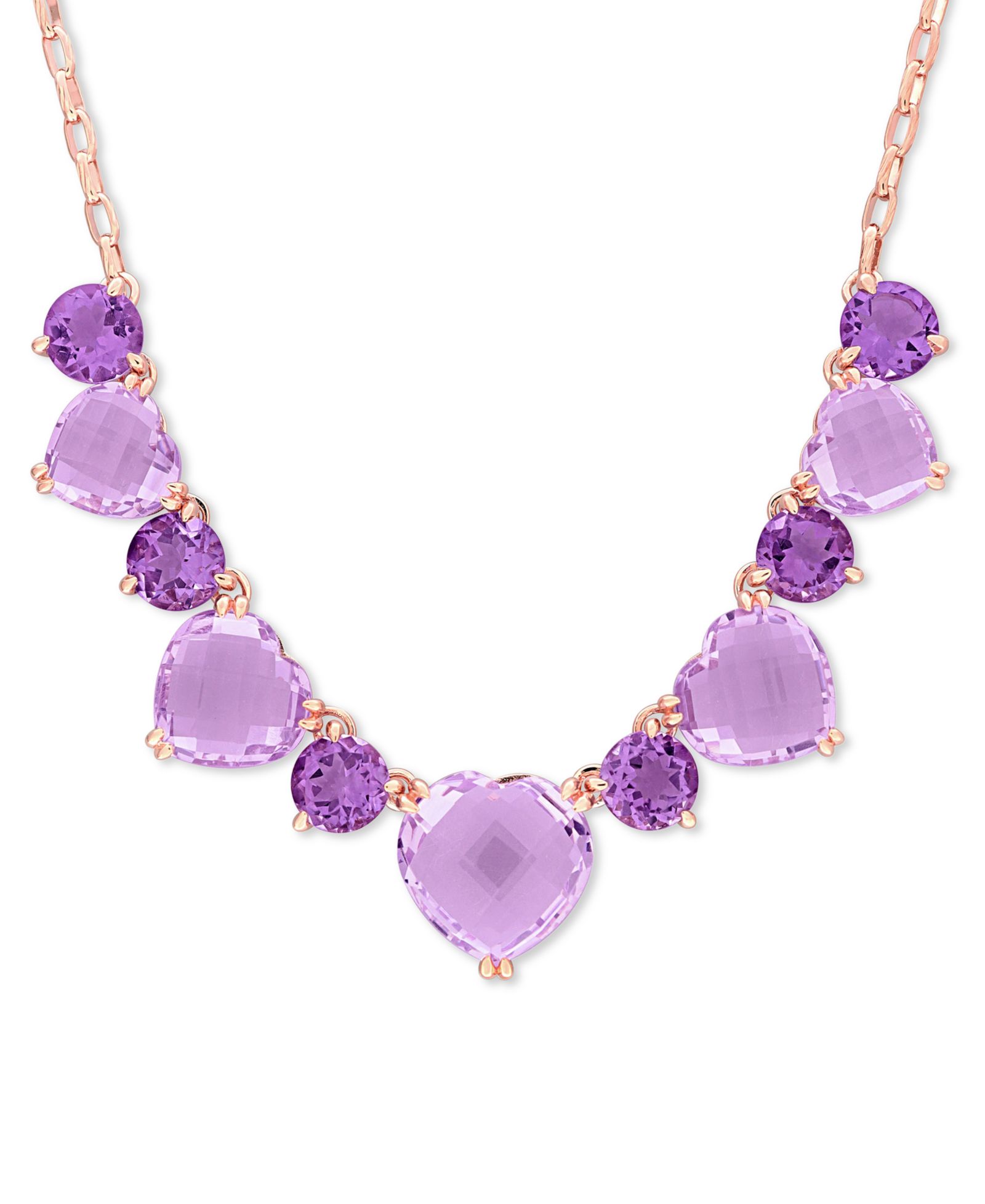 Ожерелье Pink & Purple Amethyst Heart & Round 17" в стерлинговом серебре с напылением Rose Gold