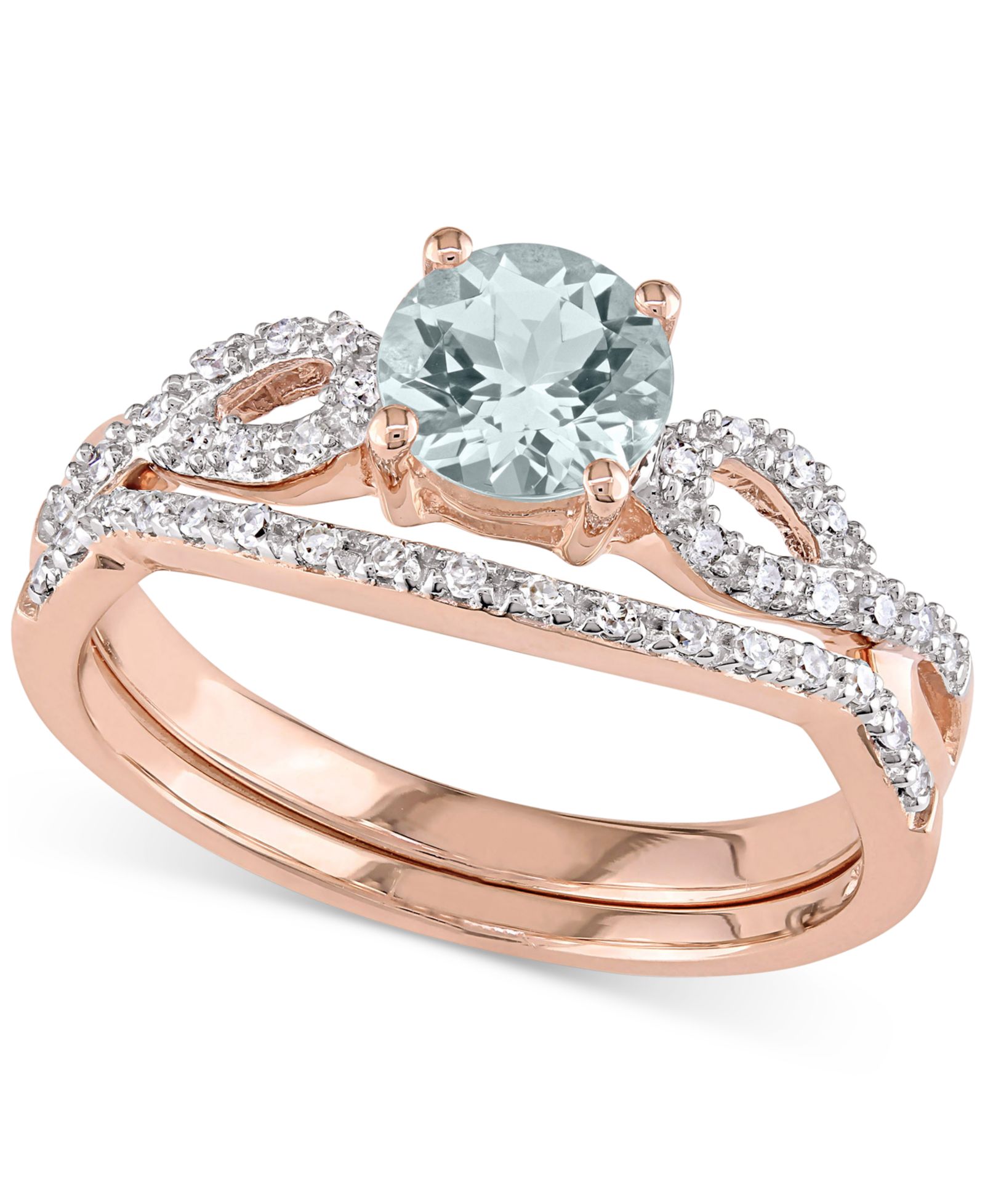 Свадебный набор колец с аквамарином (5/8 ct. t.w.) и бриллиантом (1/6 ct. t.w.) в 10k Rose Gold