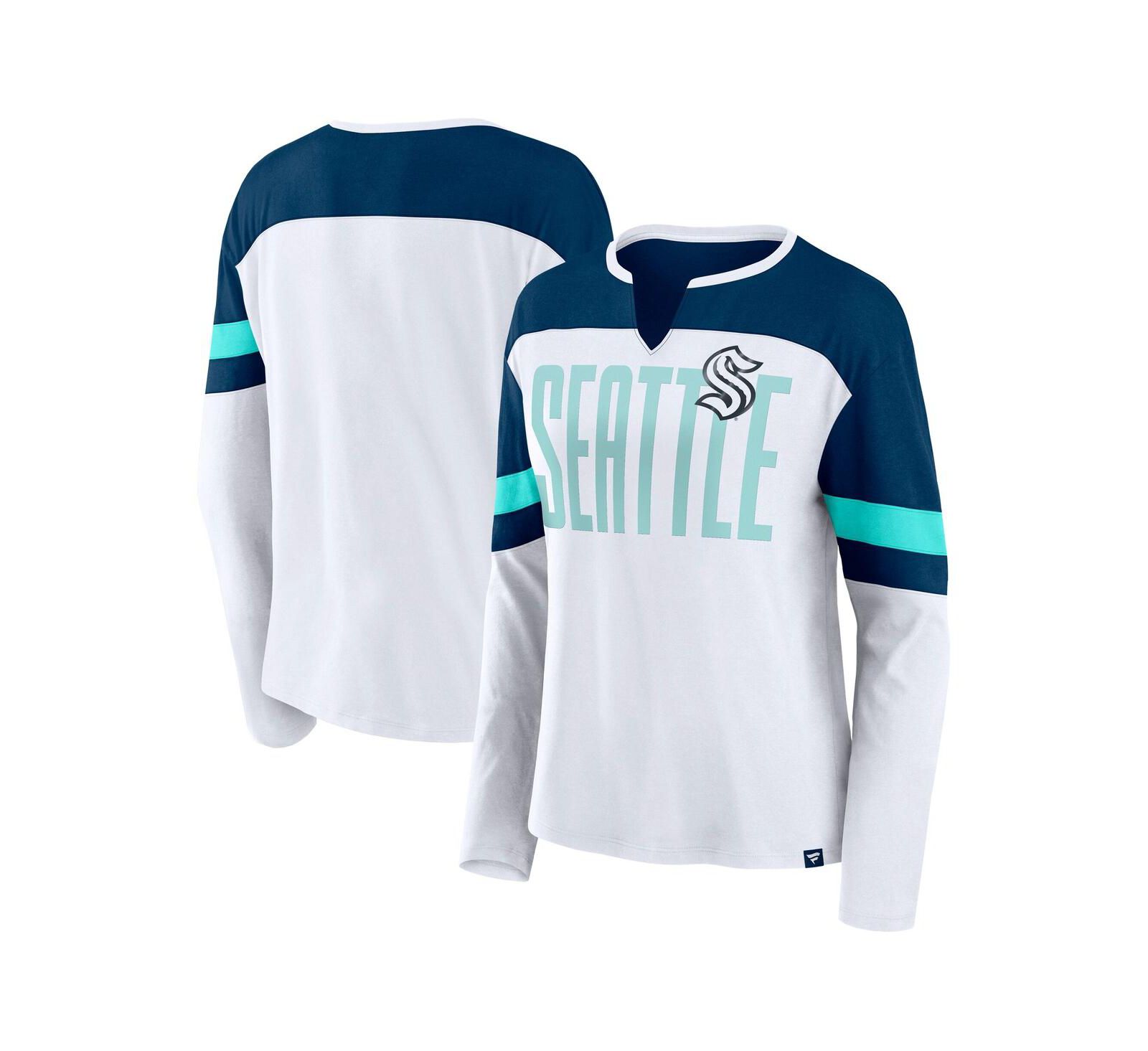 Женская футболка Fanatics White/Navy Seattle Kraken Frozen Long Sleeve Notch Neck
