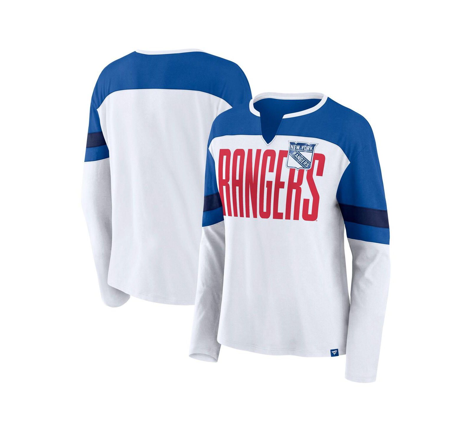 Fanatics Women's White/Blue New York Rangers Frozen Long Sleeve Notch Neck T-Shirt