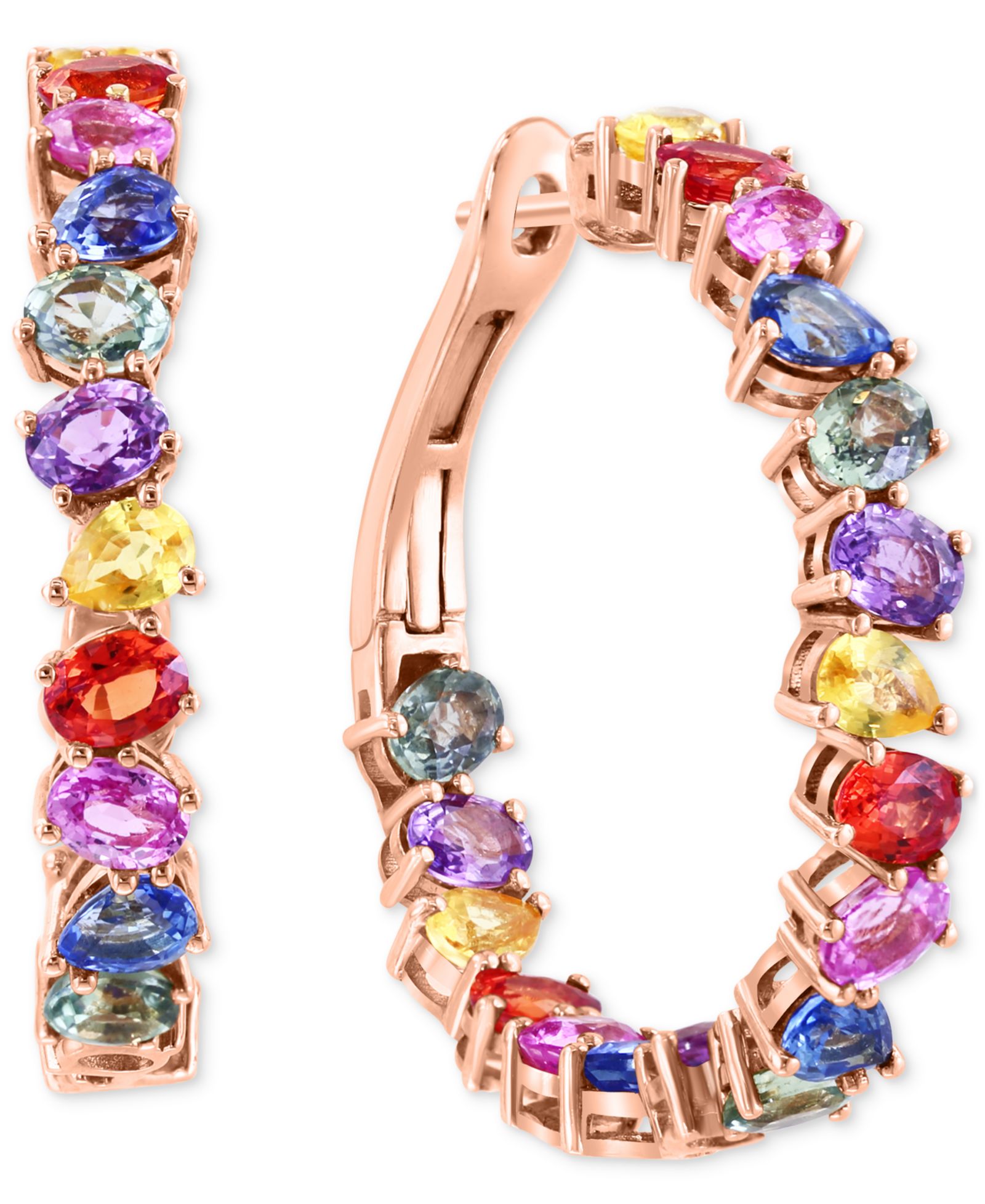 EFFY® Multi-Sapphire In & Out Medium Hoop Earrings (8-1/5 ct. t.w.) in 14k Gold, 1.19"