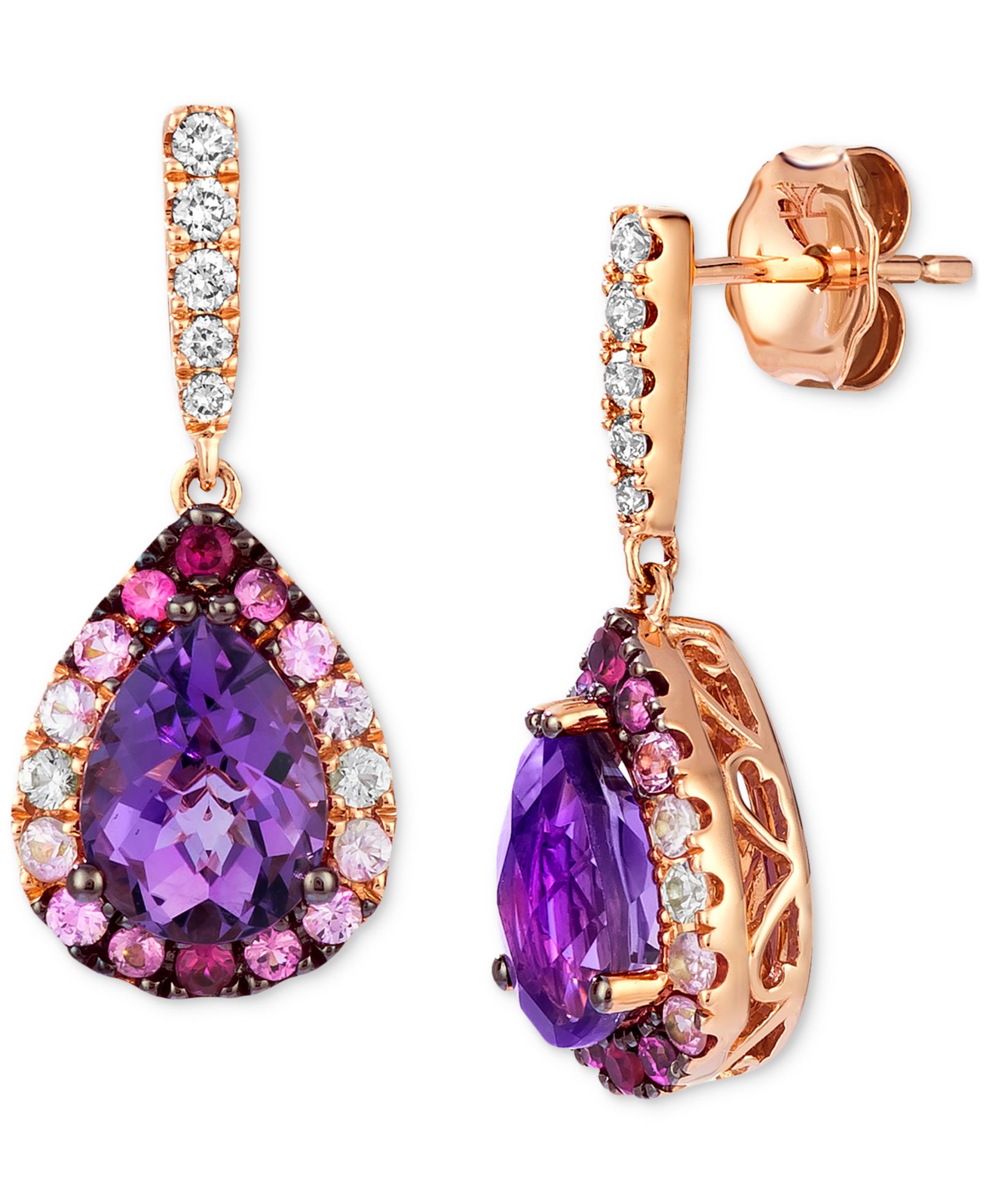 Le Vian® Multi-Gemstone (2-1/2 ct. t.w.) & Nude Diamond (1/8 ct. t.w.) Pear Halo Drop Earrings in 14k Rose Gold