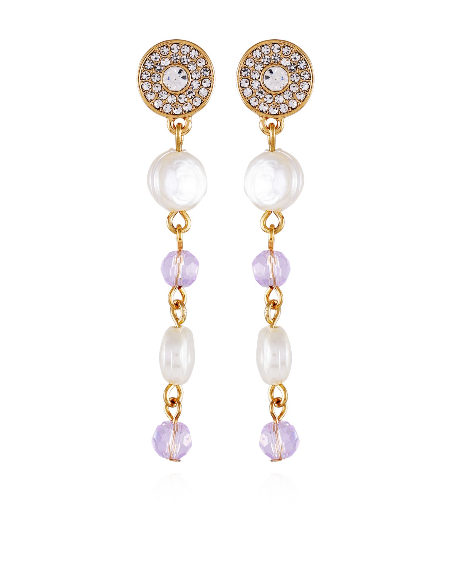 T Tahari Gold-Tone Lilac Violet Glass Stone and Imitation Pearl Long Drop Earrings