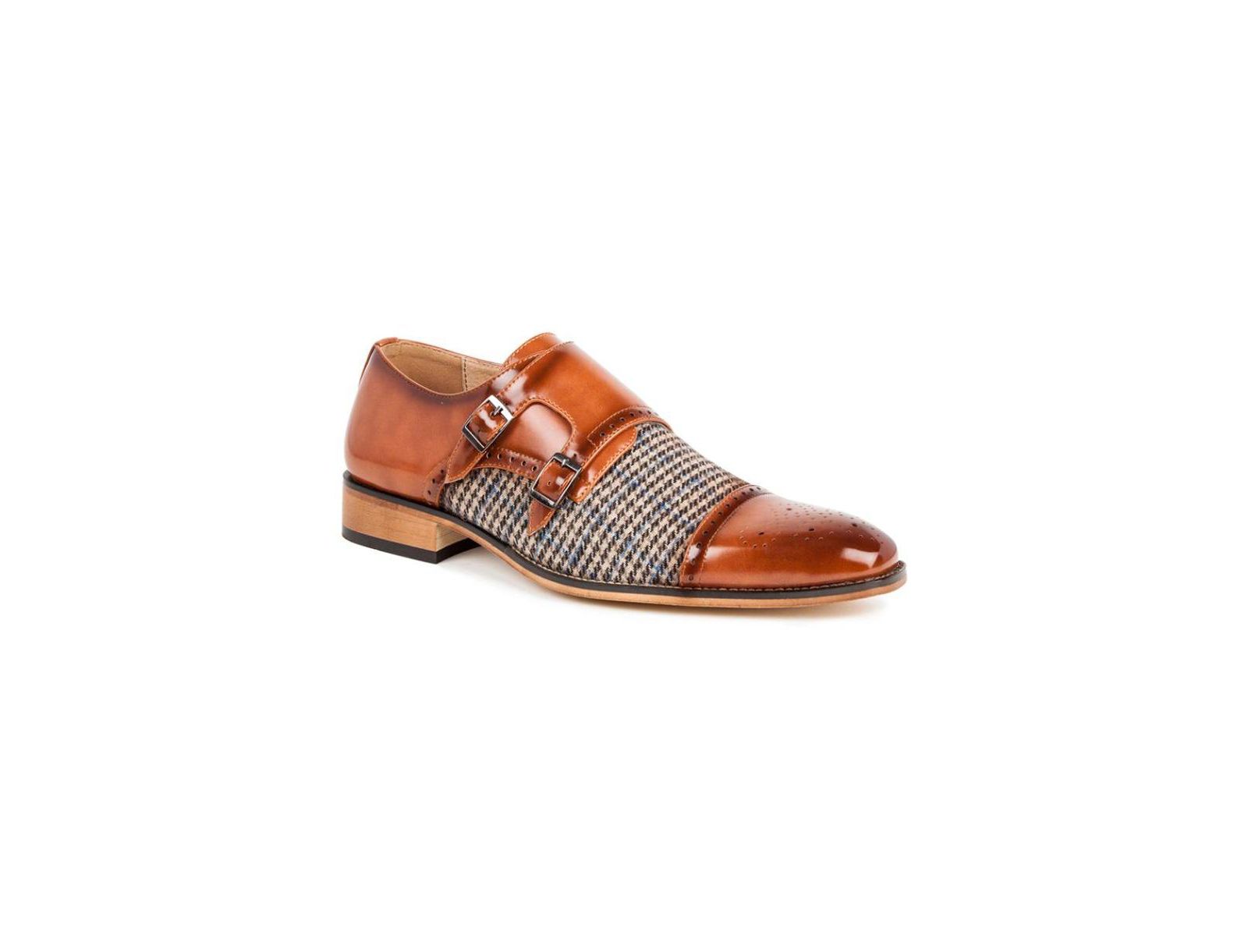 Gino Vitale Double Monk Strap Houndstooth Medallion Cap Toe Dress Shoes