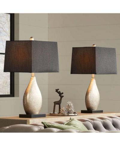 Regency Hill Marco Modern Art Deco Table Lamps 25" High Set of 2 Silver Luxe Black Rectangular Shade for Bedroom Living Room Bedside Nightstand Office