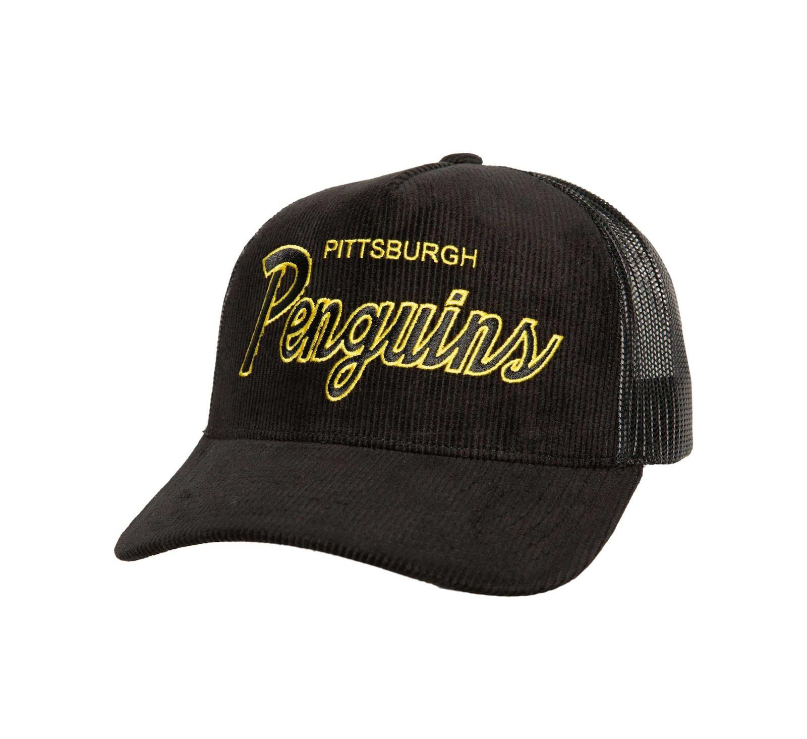 Мужская кепка Mitchell & Ness Black Pittsburgh Penguins Times Up Classic Script Cord Trucker, регулируемая