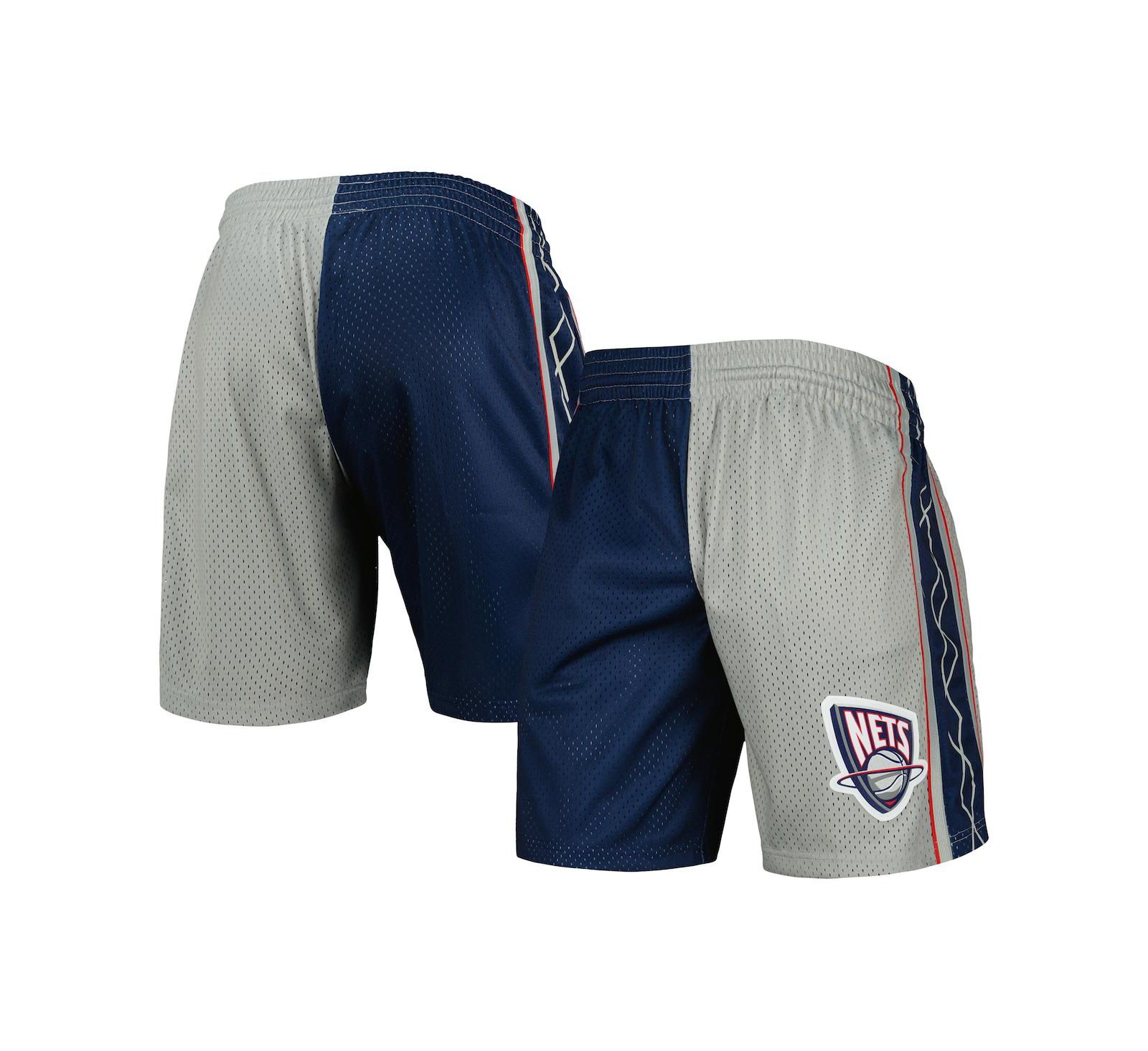 Men's Mitchell & Ness Navy, Silver Distressed New Jersey Nets Hardwood Classics 2006 Split Swingman Shorts