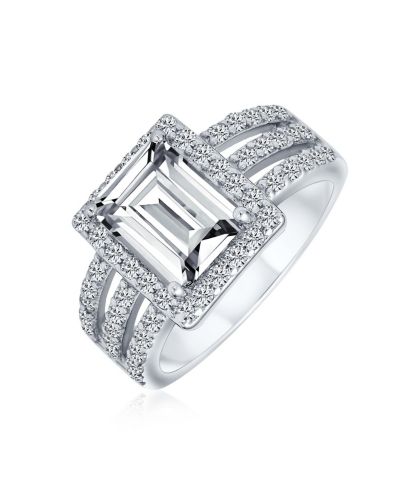 Bling Jewelry Art Deco Style Emerald Cut Cubic Zirconia Cocktail Ring, Sterling Silver