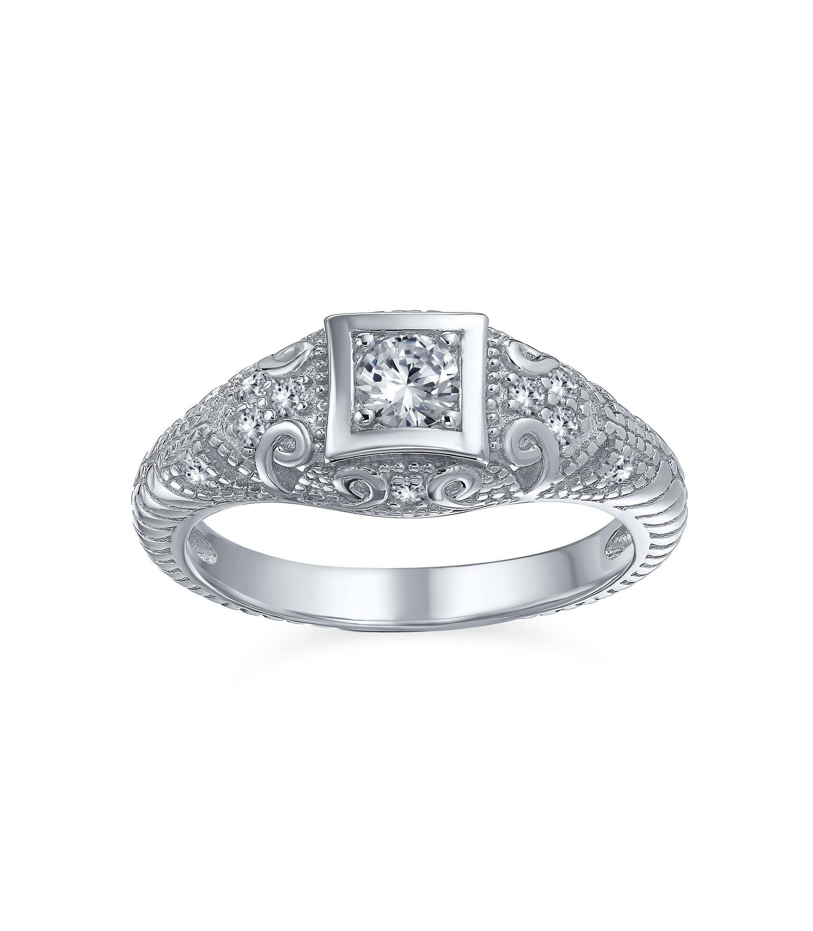 Кольцо Bling Jewelry 1CT Deco Style Square Bezel Solitaire Round CZ Milgrain Promise из стерлингового серебра