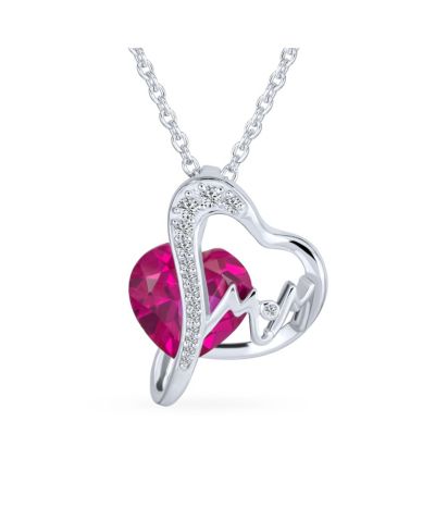 Bling Jewelry Ruby Red Pink Faceted Crystal Mom Word Heart Necklace .925 Sterling Silver