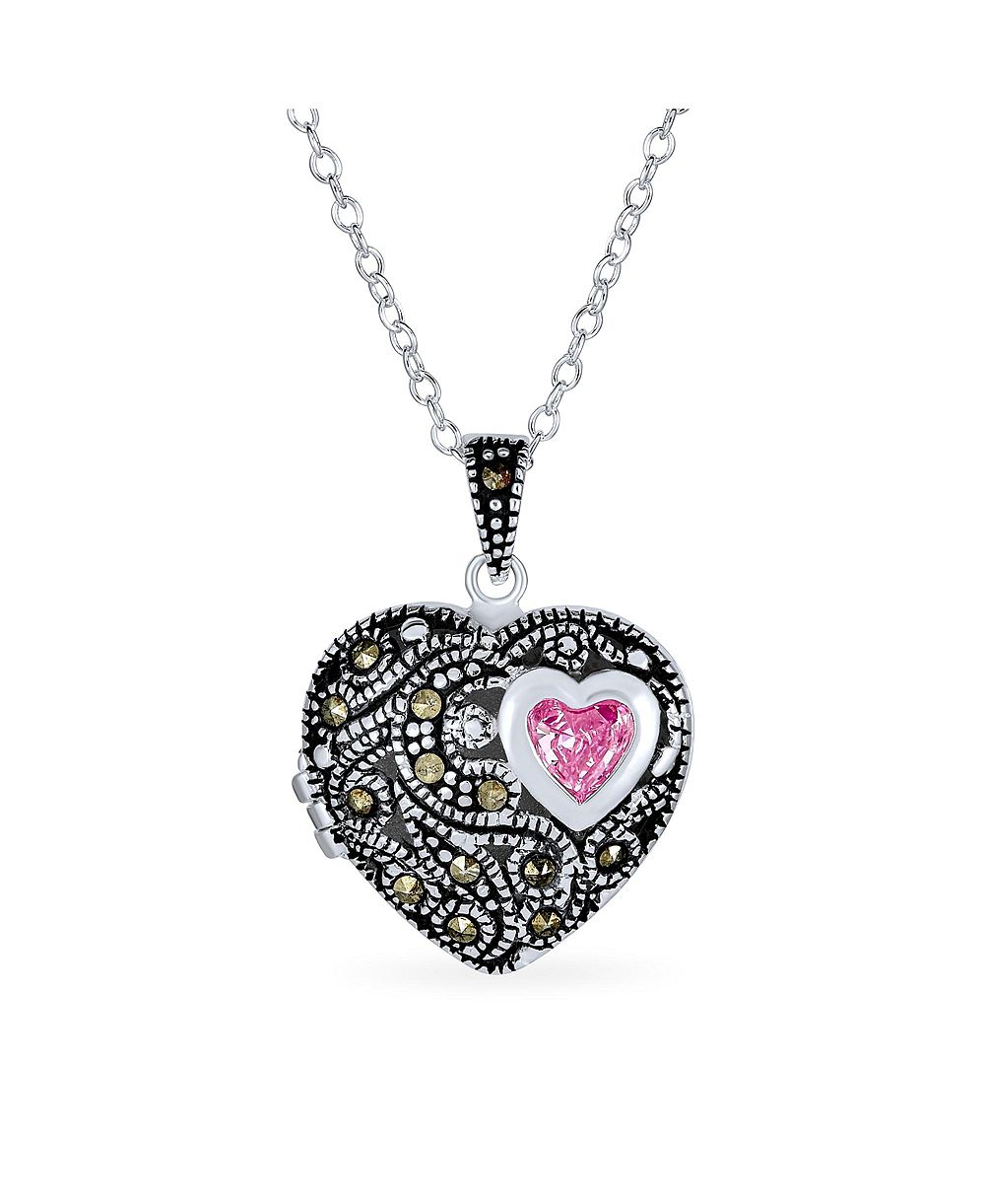 Ожерелье Bling Jewelry Keepsake Vintage Style Marcasite Pink Heart Locket Sterling Silver
