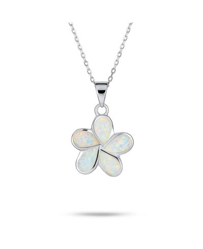 Bling Jewelry White Created Opal Hawaiian Flower Plumeria Necklace .925 Sterling Silver