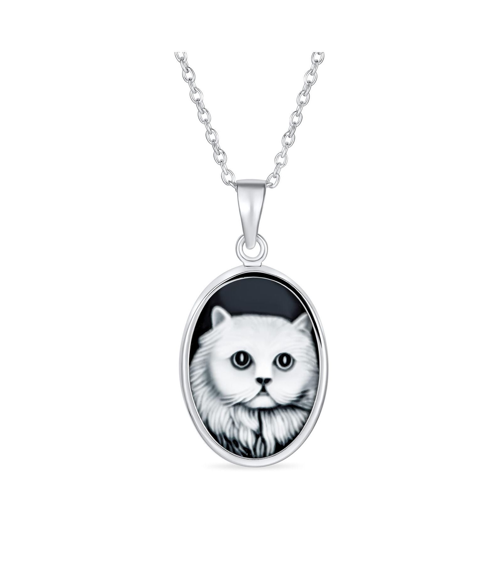 Bling Jewelry Black White Kitty Cat Portrait Cameo Pendant Necklace .925 Sterling Silver