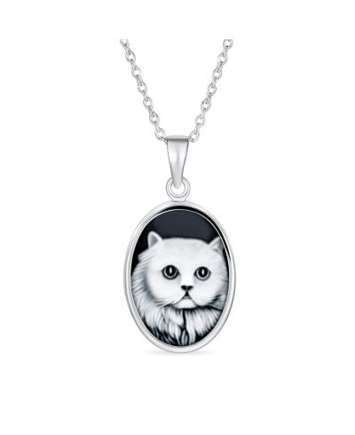 Bling Jewelry Black White Kitty Cat Portrait Cameo Pendant Necklace .925 Sterling Silver