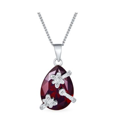 Bling Jewelry Romantic Pave Butterfly CZ Accent Ruby Red Teardrop Pendant Necklace Sterling Silver Chain