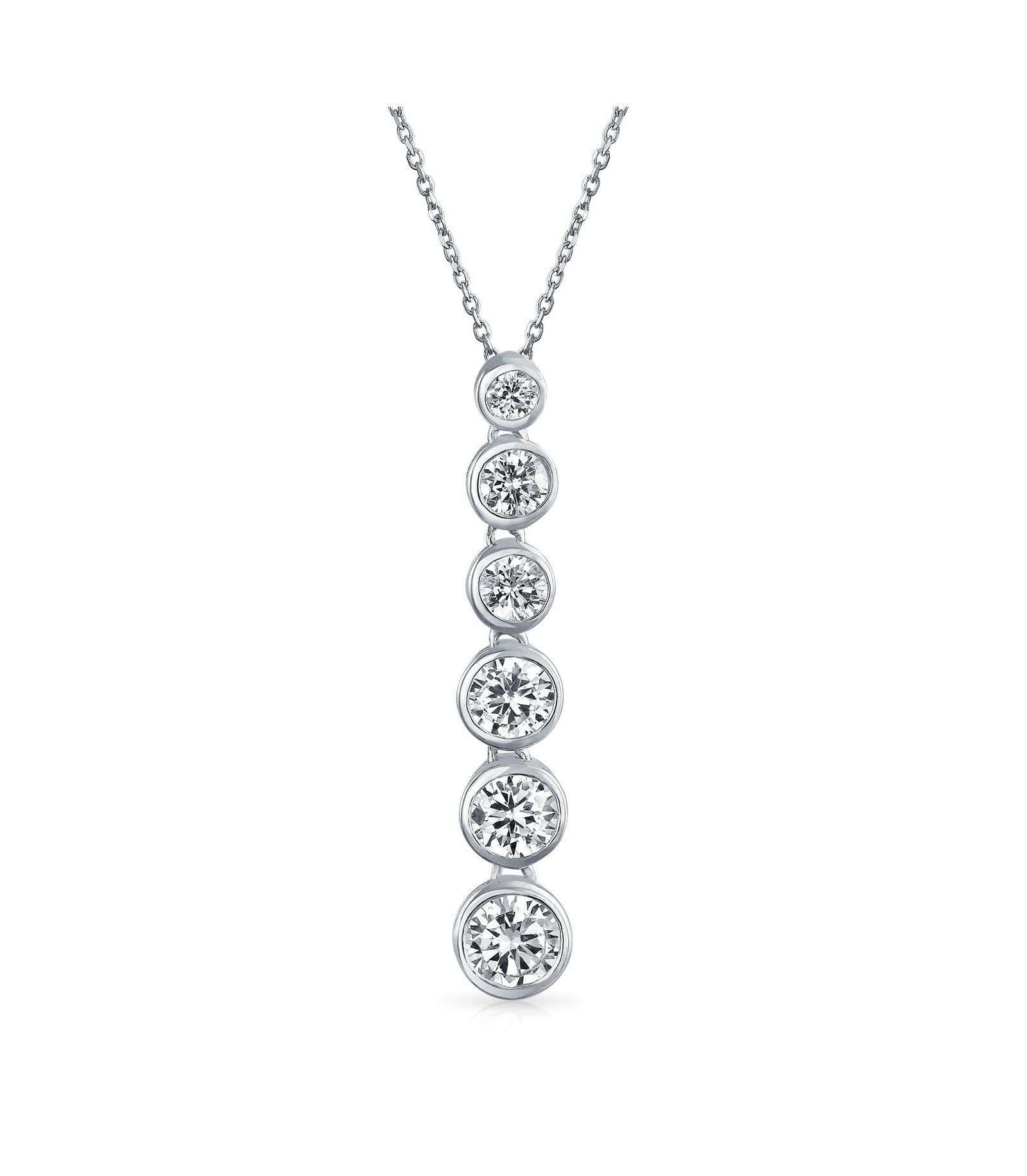 Bling Jewelry Elegant Sterling Silver CZ Linear Drop Graduated Geometric Bubble Pendant Prom Bezel Set Round Cubic Zirconia.