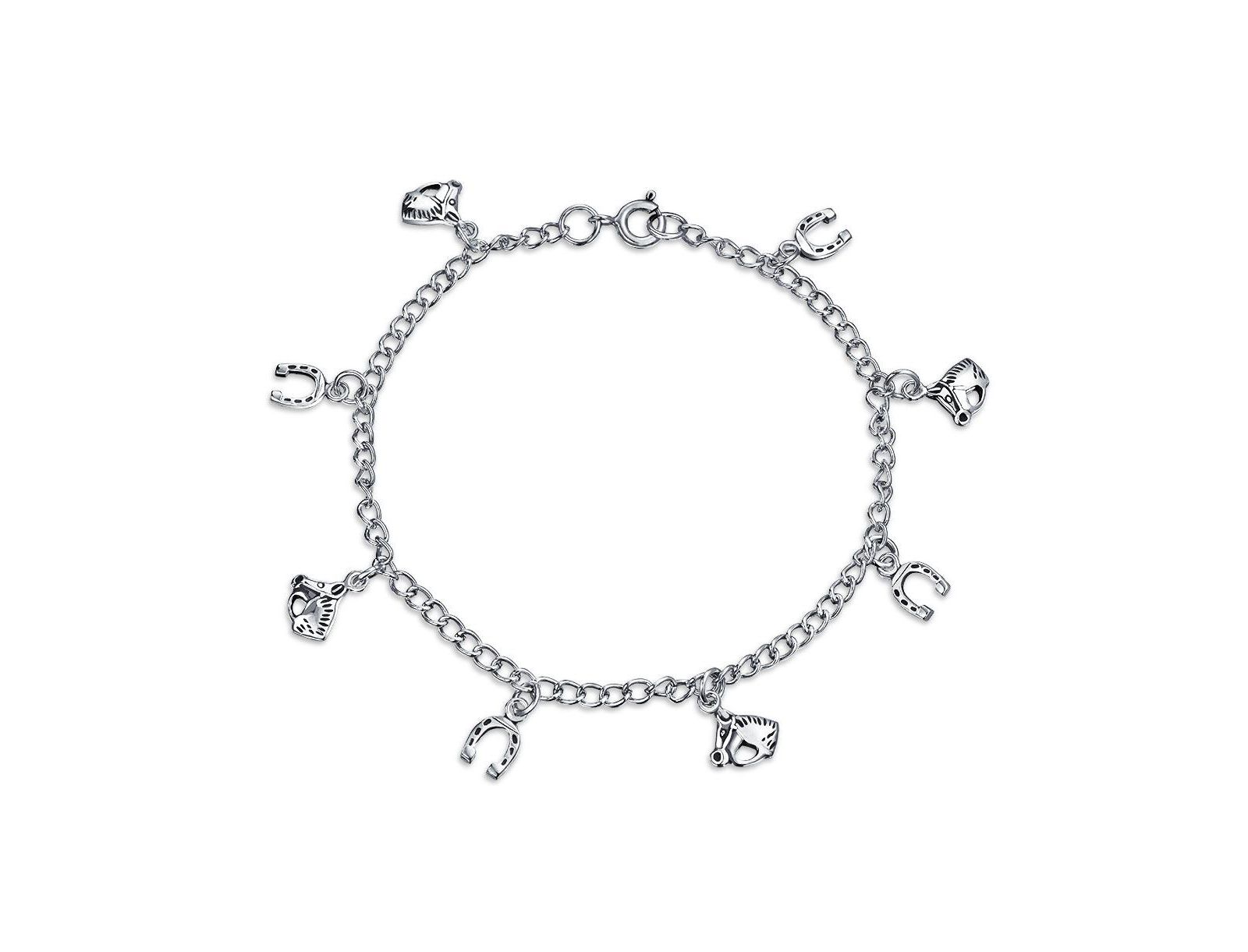 Bling Jewelry Good Luck Horse Horseshoe Dangling Charm Bracelet .925 Sterling Silver 7.5"