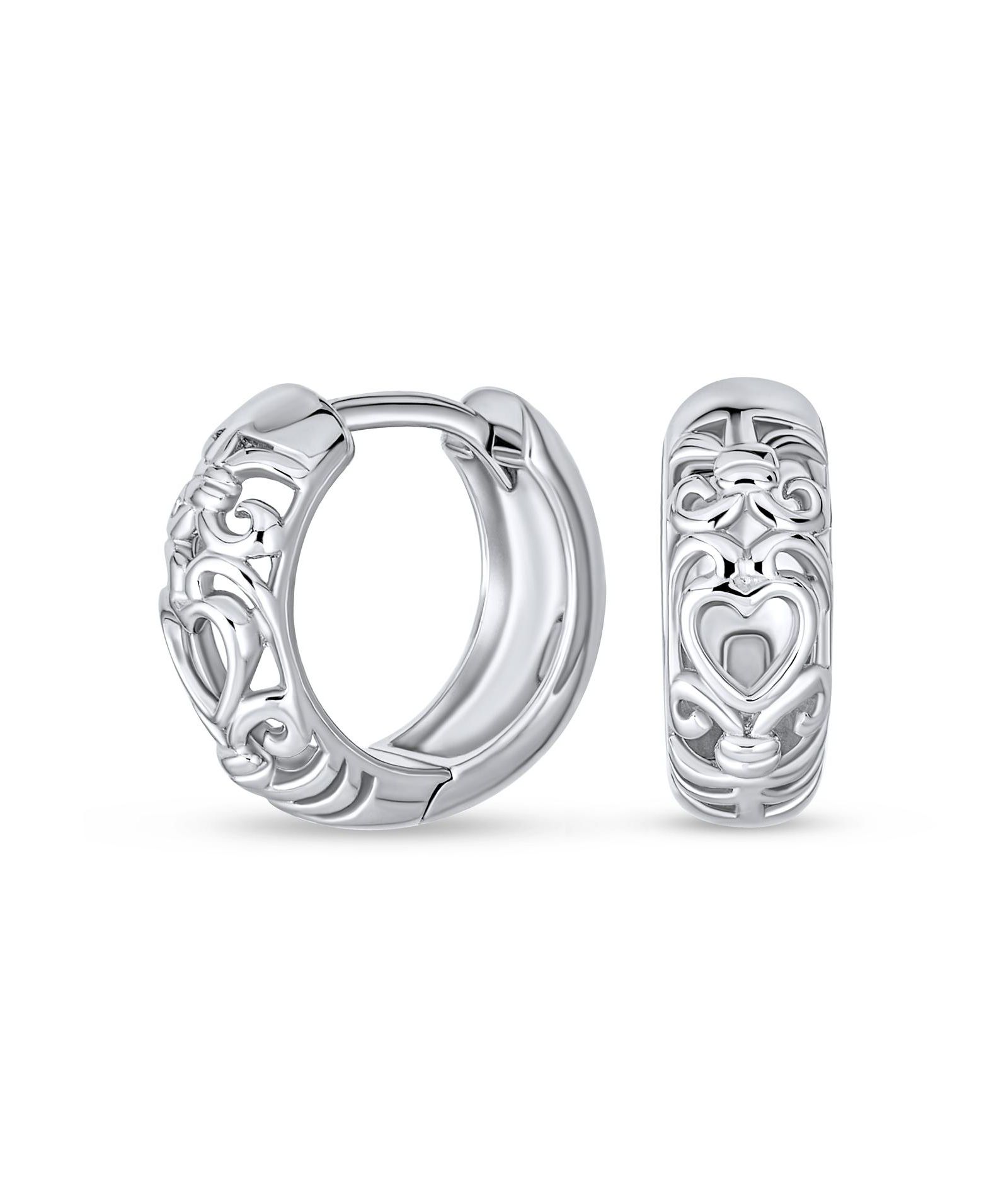 Серьги-кольца Bling Jewelry Open Heart Cut Out Filigree Huggie Mini Hoop Sterling Silver